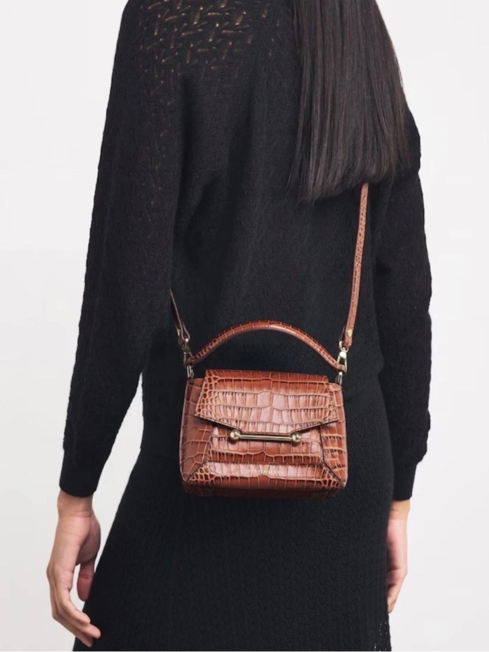 NEW Strathberry Mosaic Nano Brown Croc Embossed Leather Top Handle Crossbody Bag - Picture 16 of 16